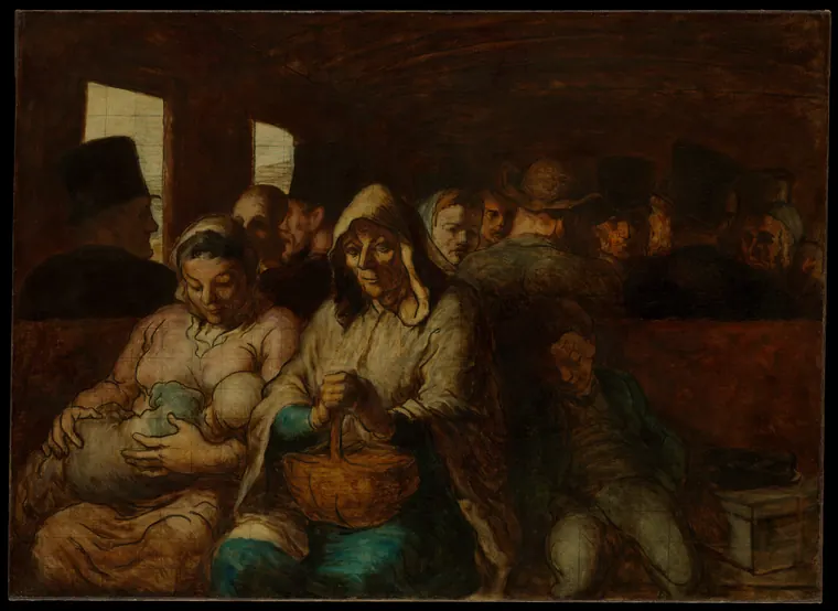 Pintura de passageiros cansados num vagão de trem de terceira classe