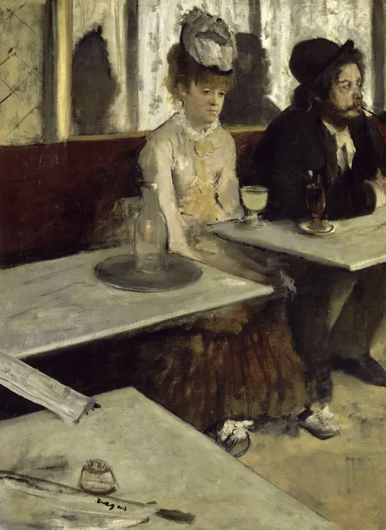 Pintura de uma mulher e um homem sentados lado a lado num café, sem se olhar
