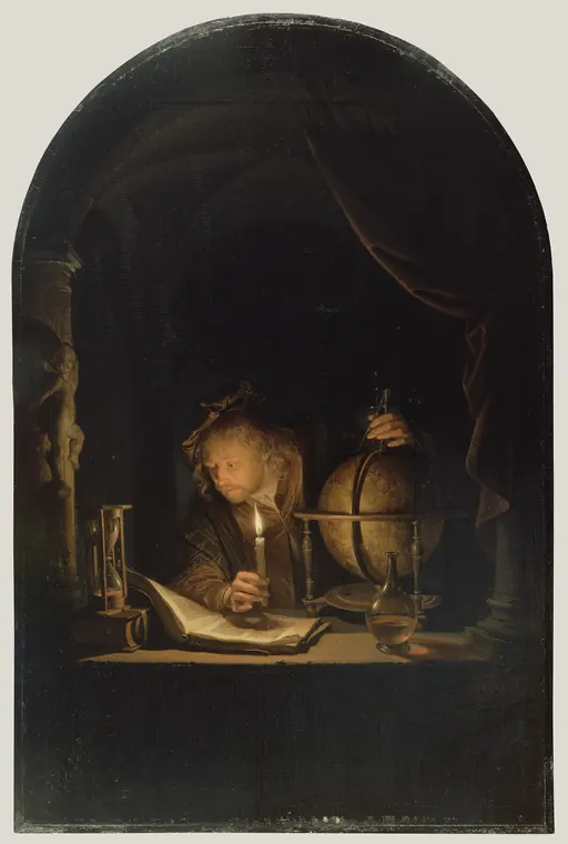 Pintura de um astrônomo idoso debruçado sobre livros à luz de vela