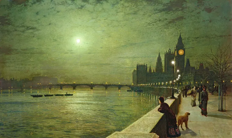 Pintura do rio Tâmisa à noite, com luzes douradas refletidas na água