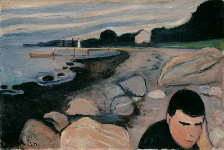 Pintura de um homem de cabeça baixa numa praia sob céu pesado
