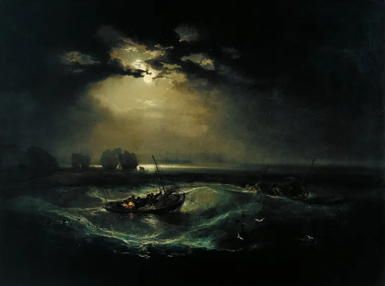 Pintura de barcos de pesca no mar aberto à noite, com a lua entre as nuvens