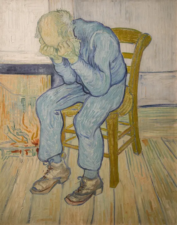 Pintura de um homem idoso sentado, punhos fechados contra o rosto