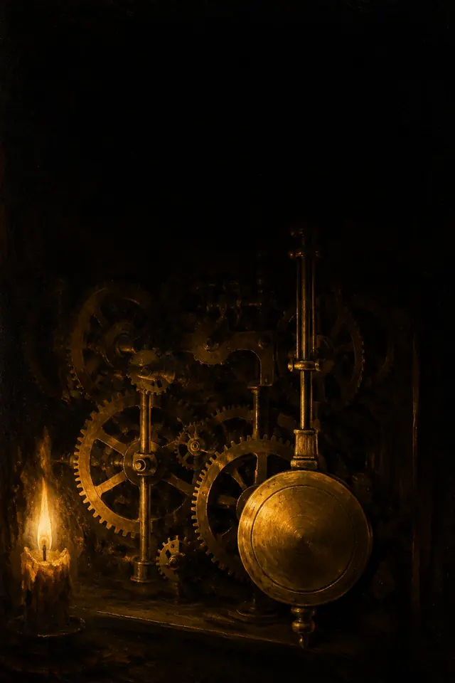 Pintura do mecanismo dourado de um relógio antigo de pêndulo à luz de vela