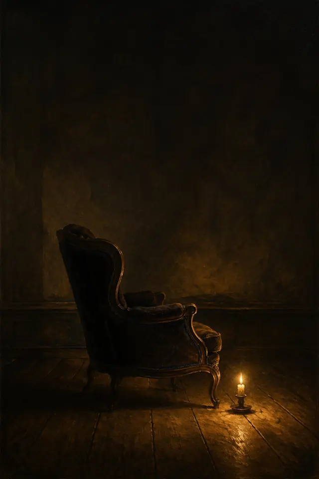 Pintura de uma poltrona vazia iluminada por uma vela no chão