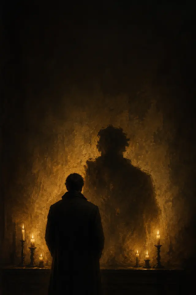 Pintura de uma figura de costas diante de uma parede onde a própria sombra tem vida